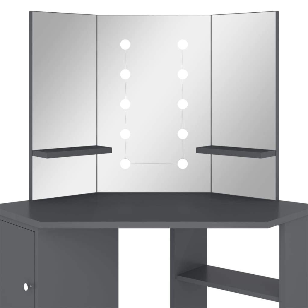 Corner Dressing Table with LED Grey 111x54x141.5 cm