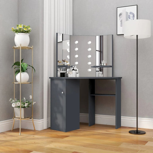 Corner Dressing Table with LED Grey 111x54x141.5 cm