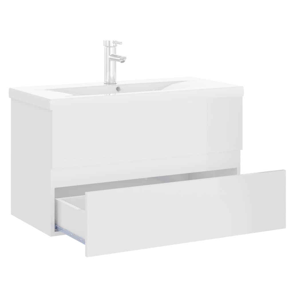 Sink Cabinet with Built-in Basin High Gloss White Engineered Wood-  80 x 38.5 x 45 cm