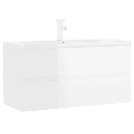 Sink Cabinet with Built-in Basin High Gloss White Engineered Wood  90 x 38.5 x 45 cm