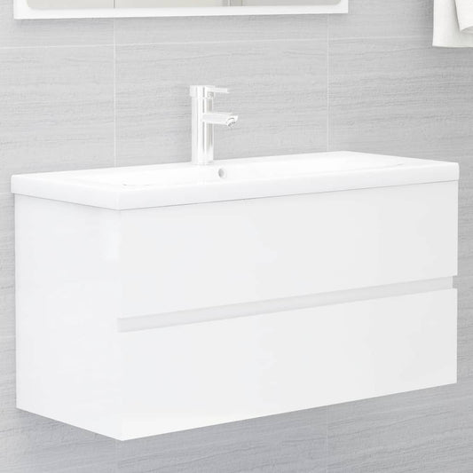 Sink Cabinet with Built-in Basin High Gloss White Engineered Wood  90 x 38.5 x 45 cm