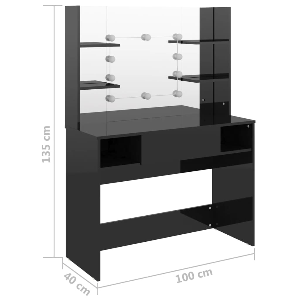 Makeup Table with LED Lights 100x40x135 cm MDF Shining Black