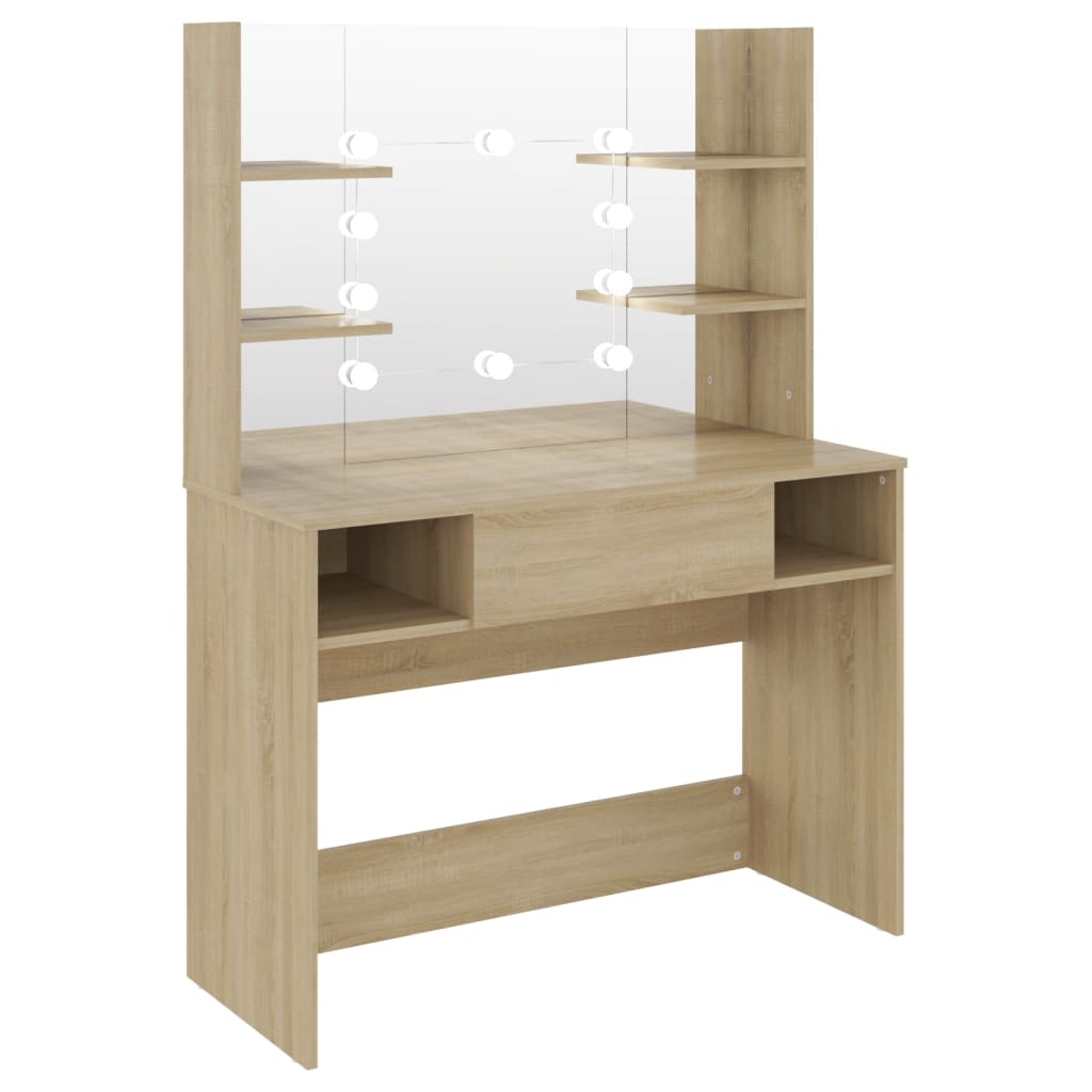 Makeup Table with LED Lights 100x40x135 cm MDF Oak