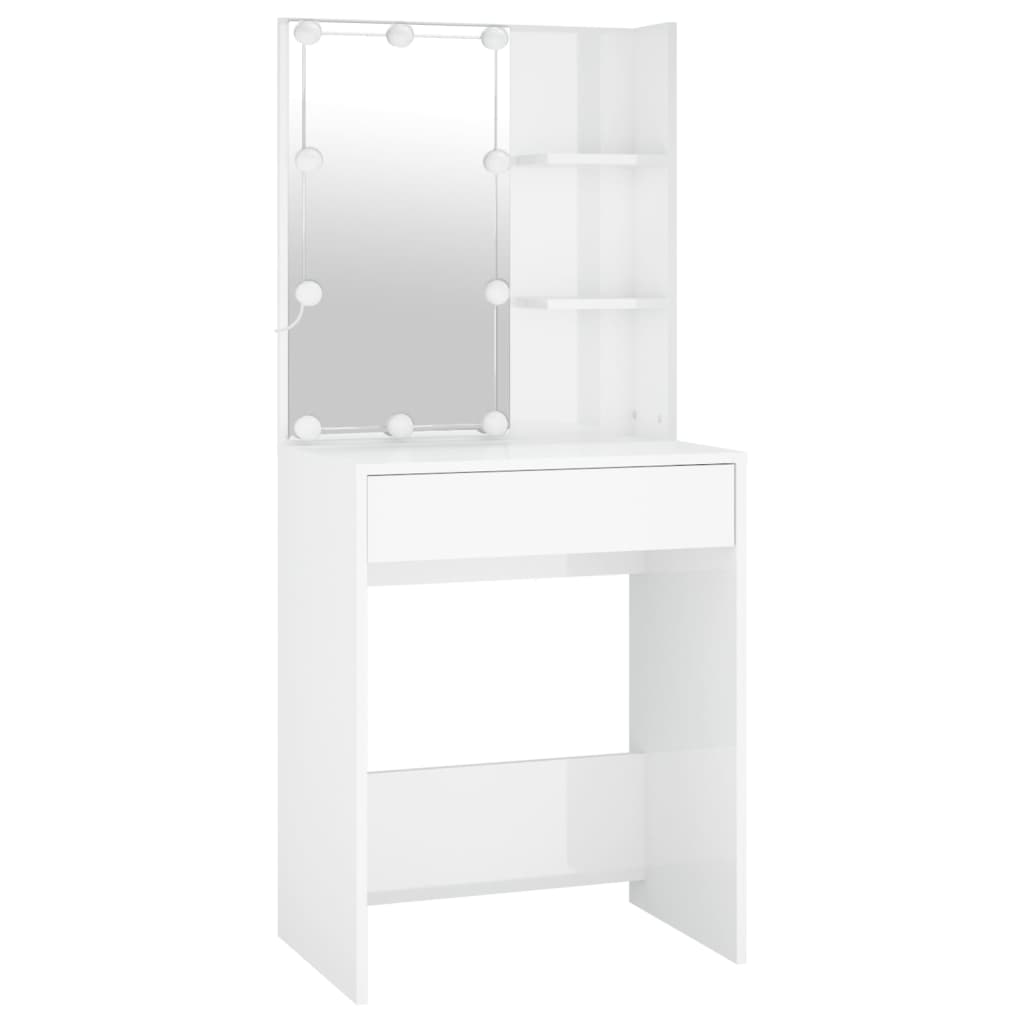 LED Dressing Table with 2 Cabinets High Gloss White Engineered Wood