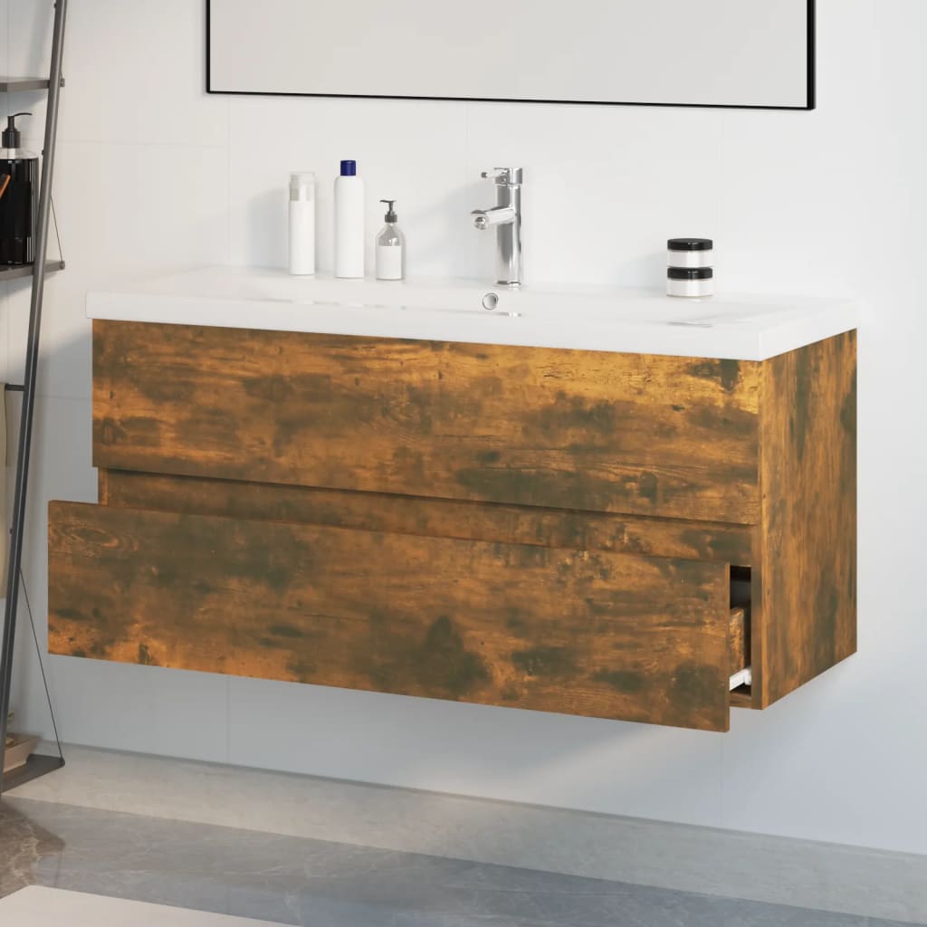 Sink Cabinet with Built-in Basin Smoked Oak Engineered Wood 100 x 38.5 x 45 cm