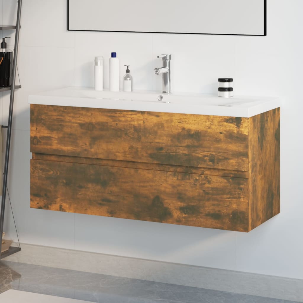 Sink Cabinet with Built-in Basin Smoked Oak Engineered Wood 100 x 38.5 x 45 cm