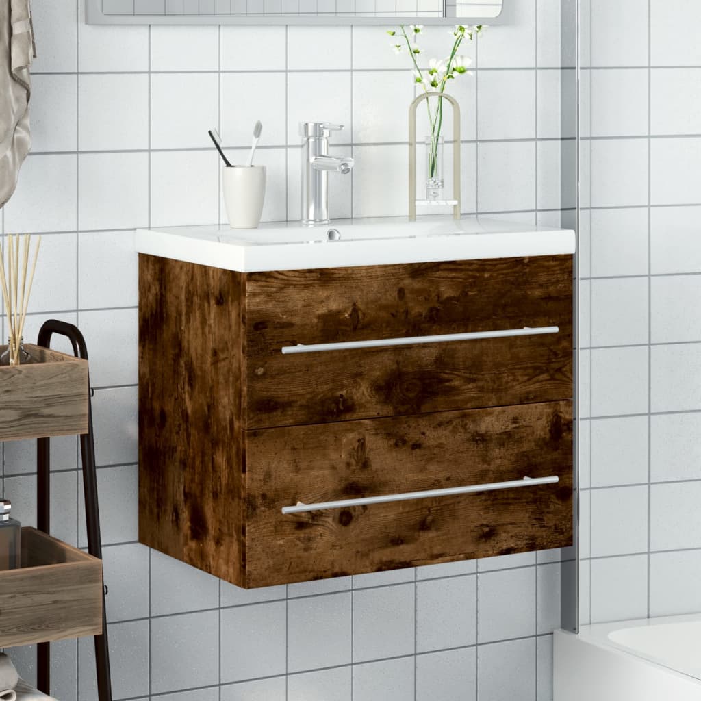 Bathroom Sink Cabinet with Built-in Basin Smoked Oak 60 x 38.5 x 48 cm