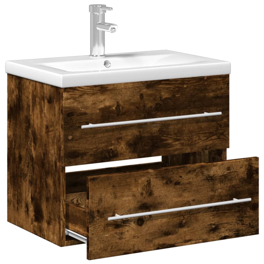 Bathroom Sink Cabinet with Built-in Basin Smoked Oak 60 x 38.5 x 48 cm