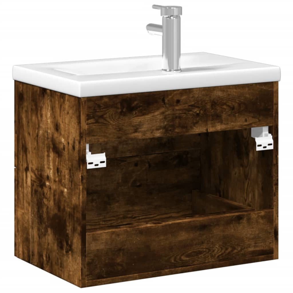 Bathroom Sink Cabinet with Built-in Basin Smoked Oak 60 x 38.5 x 48 cm