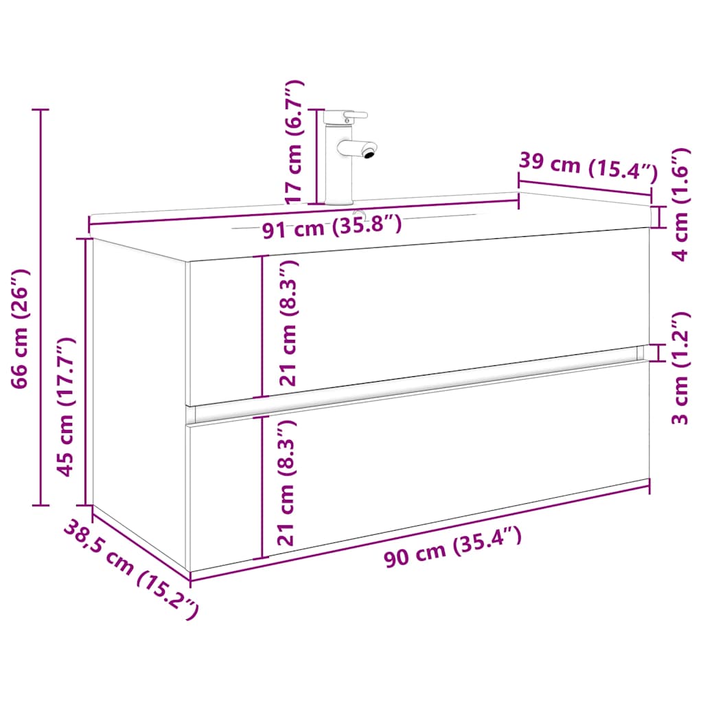 Sink Cabinet with Built-in Basin and Faucet Artisan Oak 90 x 38.5 x 45 cm